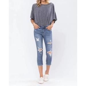 NEW JUDY BLUE mid-rise destroyed capri jeans - plus in medium wash